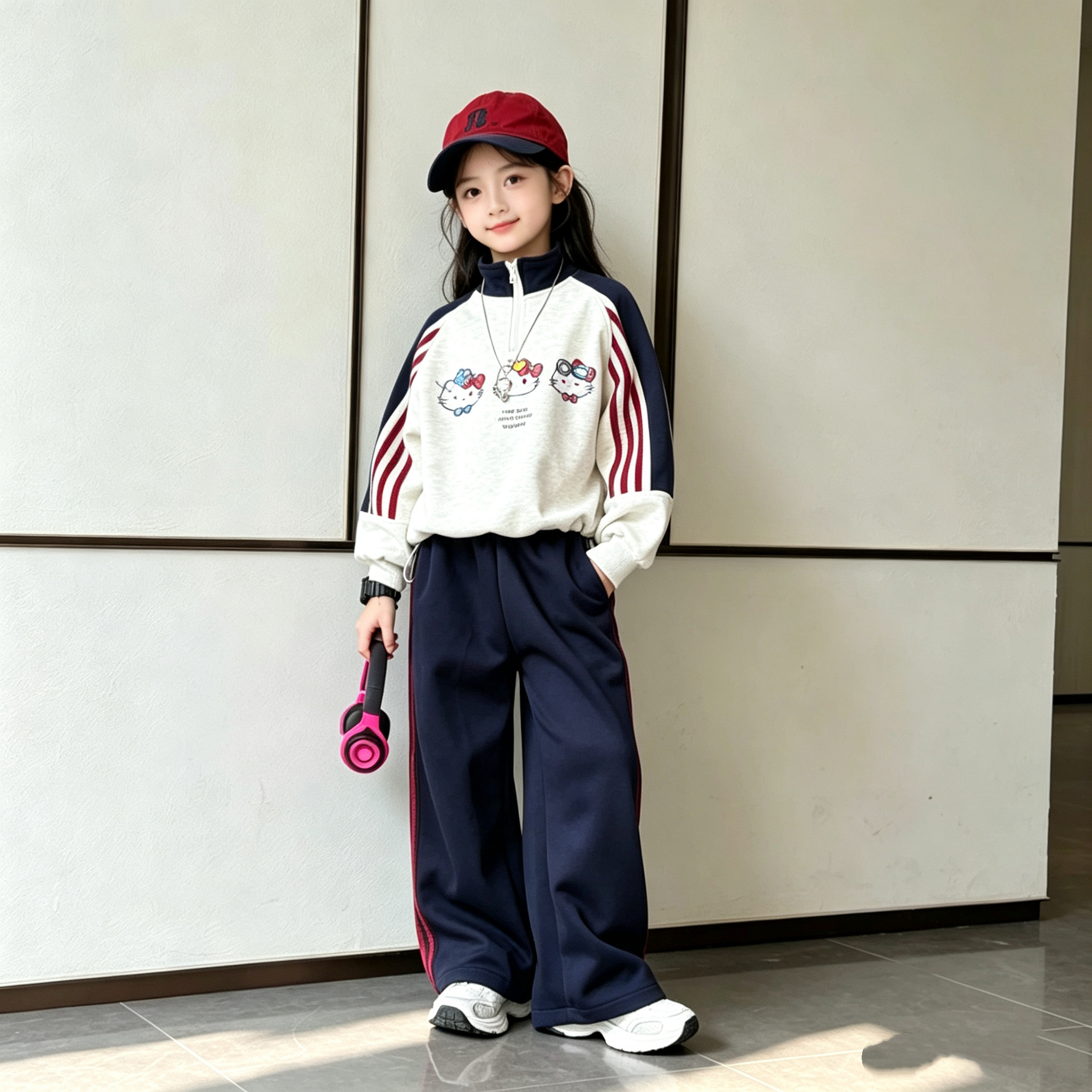 女童半立领拼色卫衣阔腿裤套装