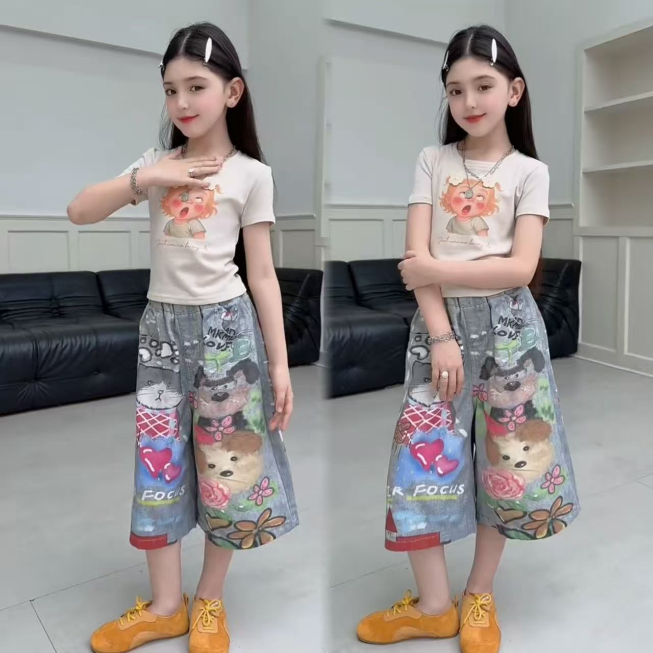 女童修身显瘦短袖涂鸦七分裤套装