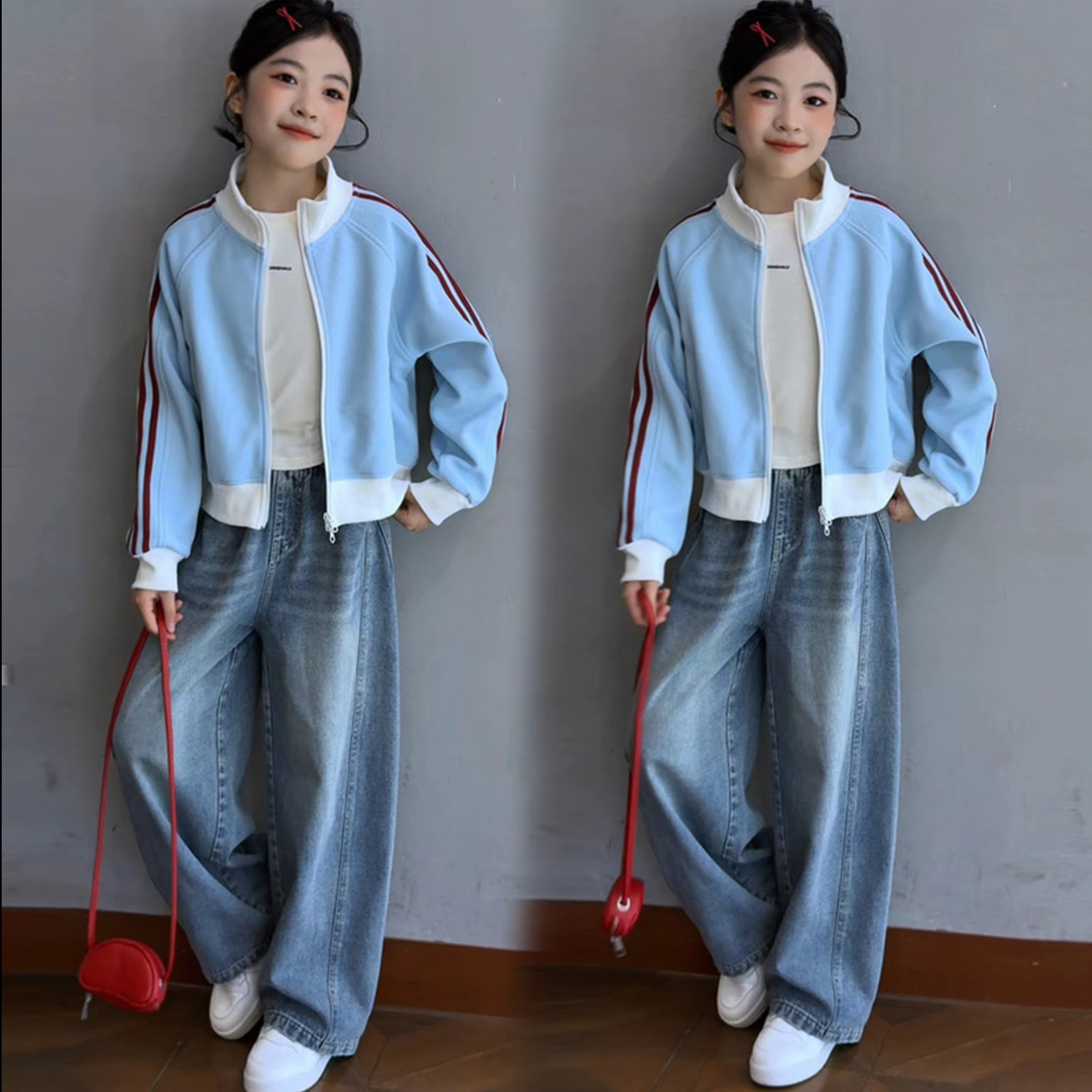 女童撞色拉条卫衣外套牛仔裤套装