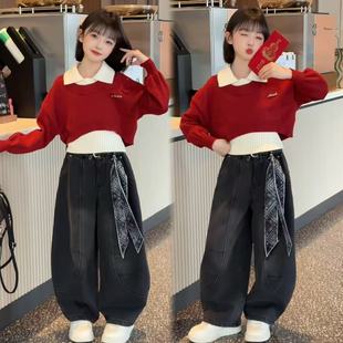 新年红色女童洋气叠穿真两件设计感毛衣个性拼接牛仔弯刀裤套装潮