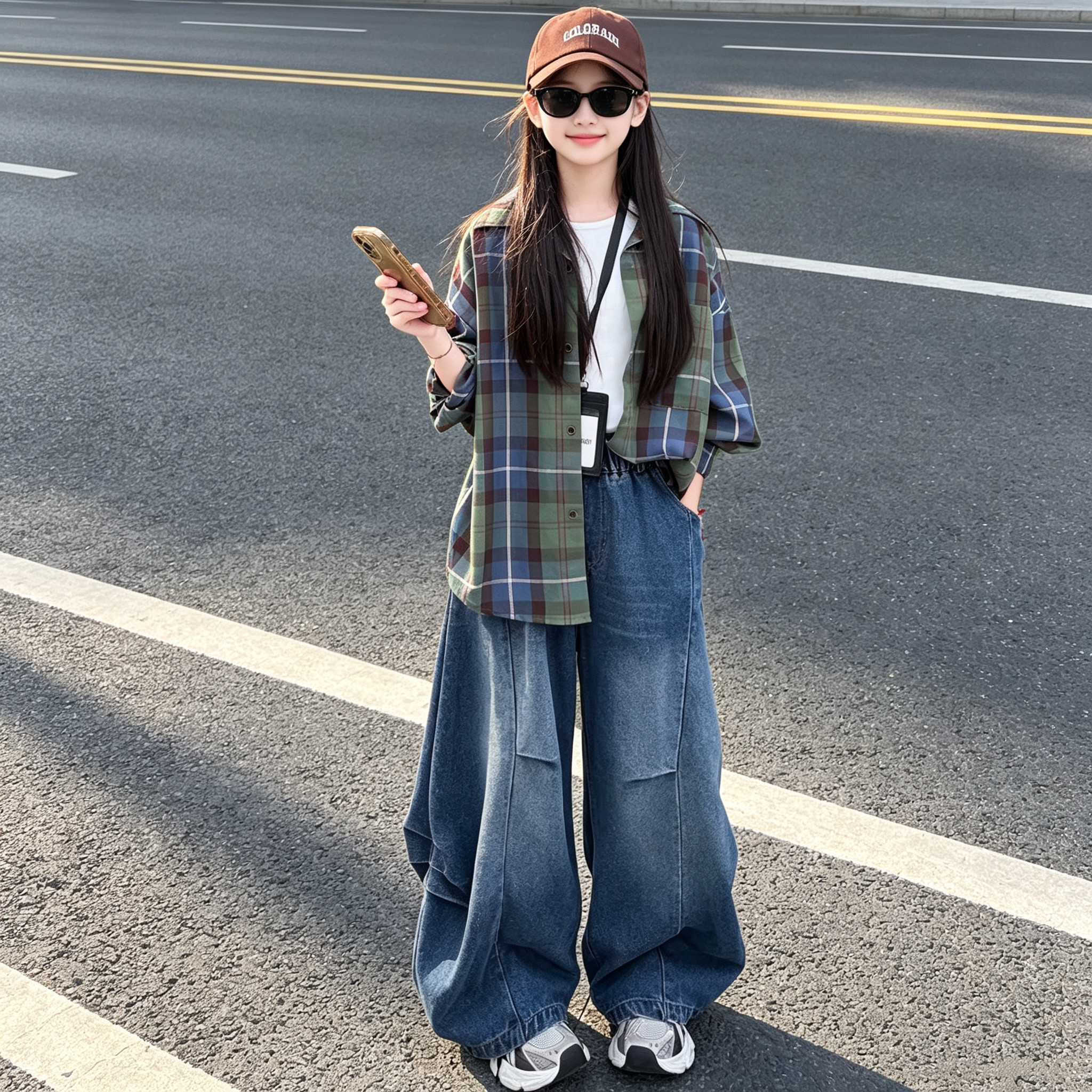 女童格纹宽松衬衫牛仔裤时尚套装