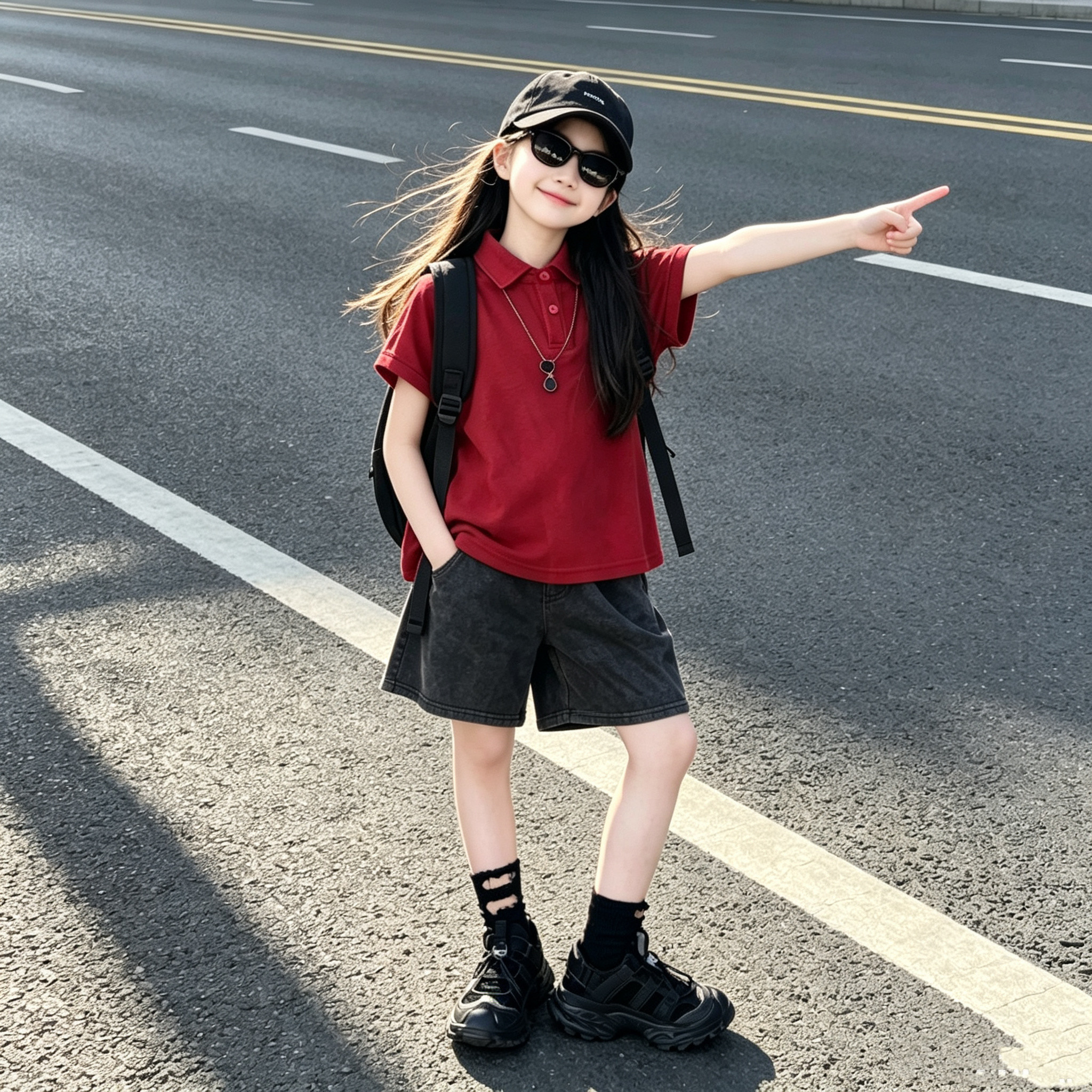 女童红色POLO衫翻领短袖短裤套装