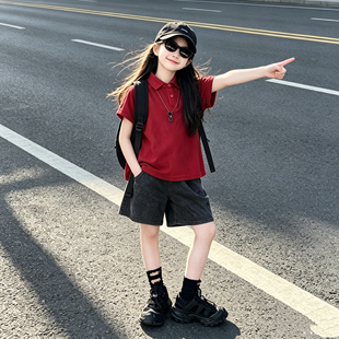 女童美式复古学院风红色POLO衫翻领短袖T恤潮酷薄款牛仔短裤套装8