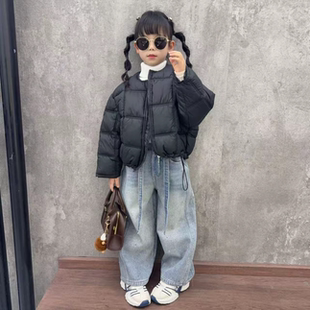 女童潮酷短款宽松圆领棉服外套设计感烫钻满天星牛仔弯刀裤套装韩