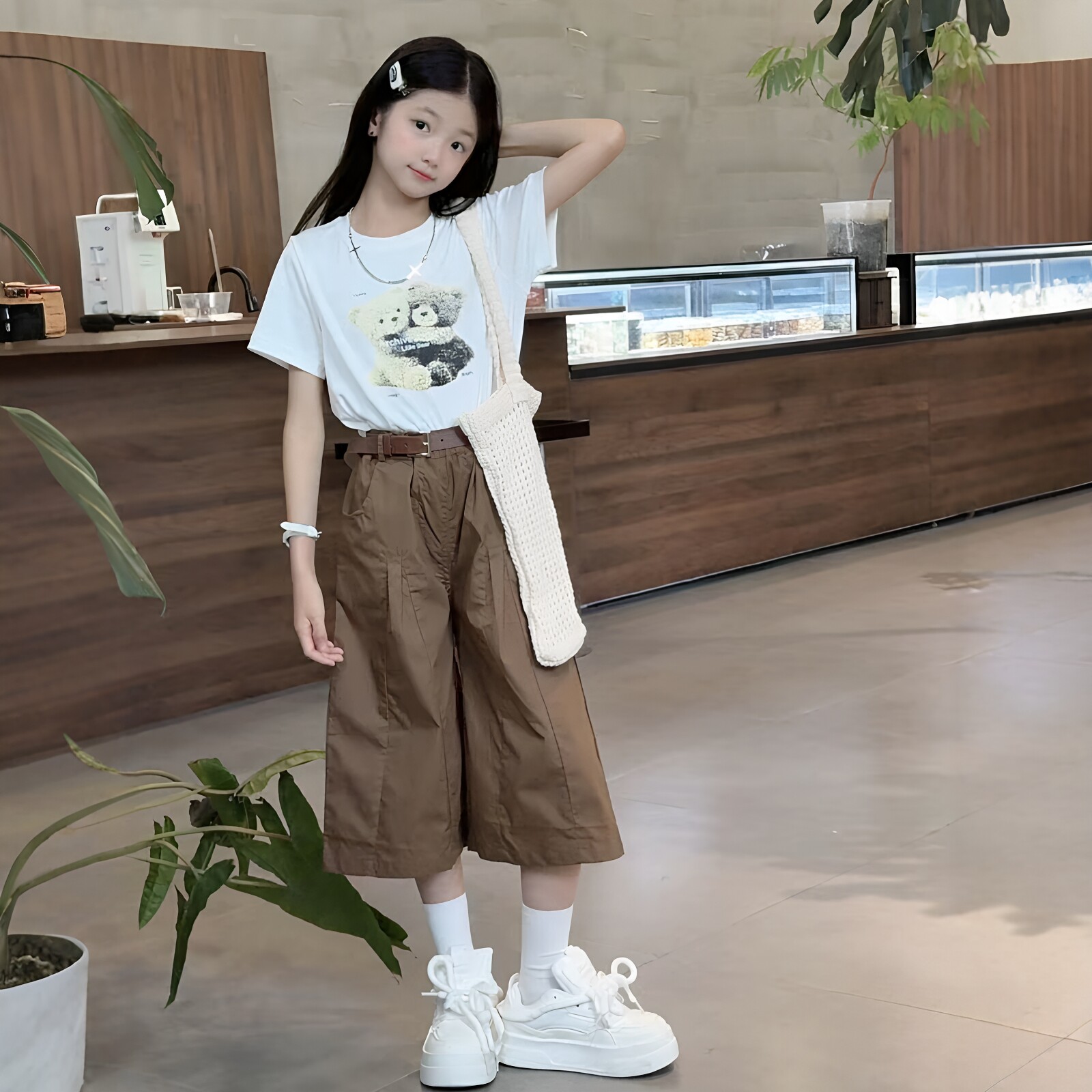 女童小熊印花短袖七分阔腿裤套装