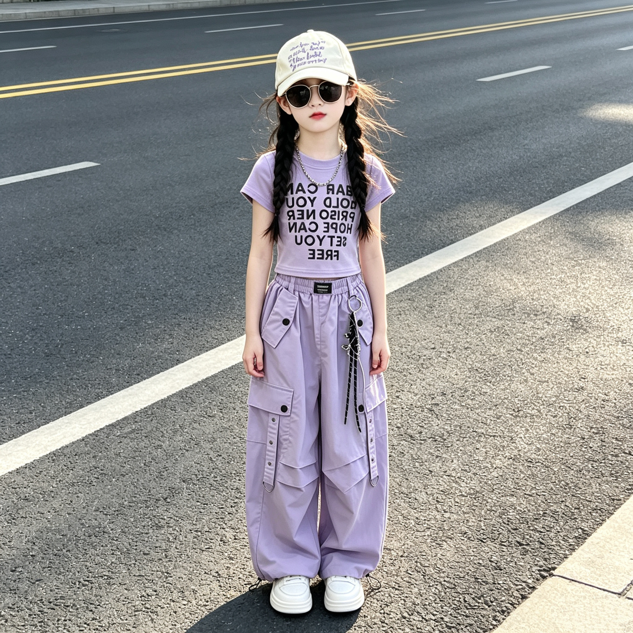 女童工装裤套装2026夏季新款中大童休闲字母短袖炸街休闲裤两件套