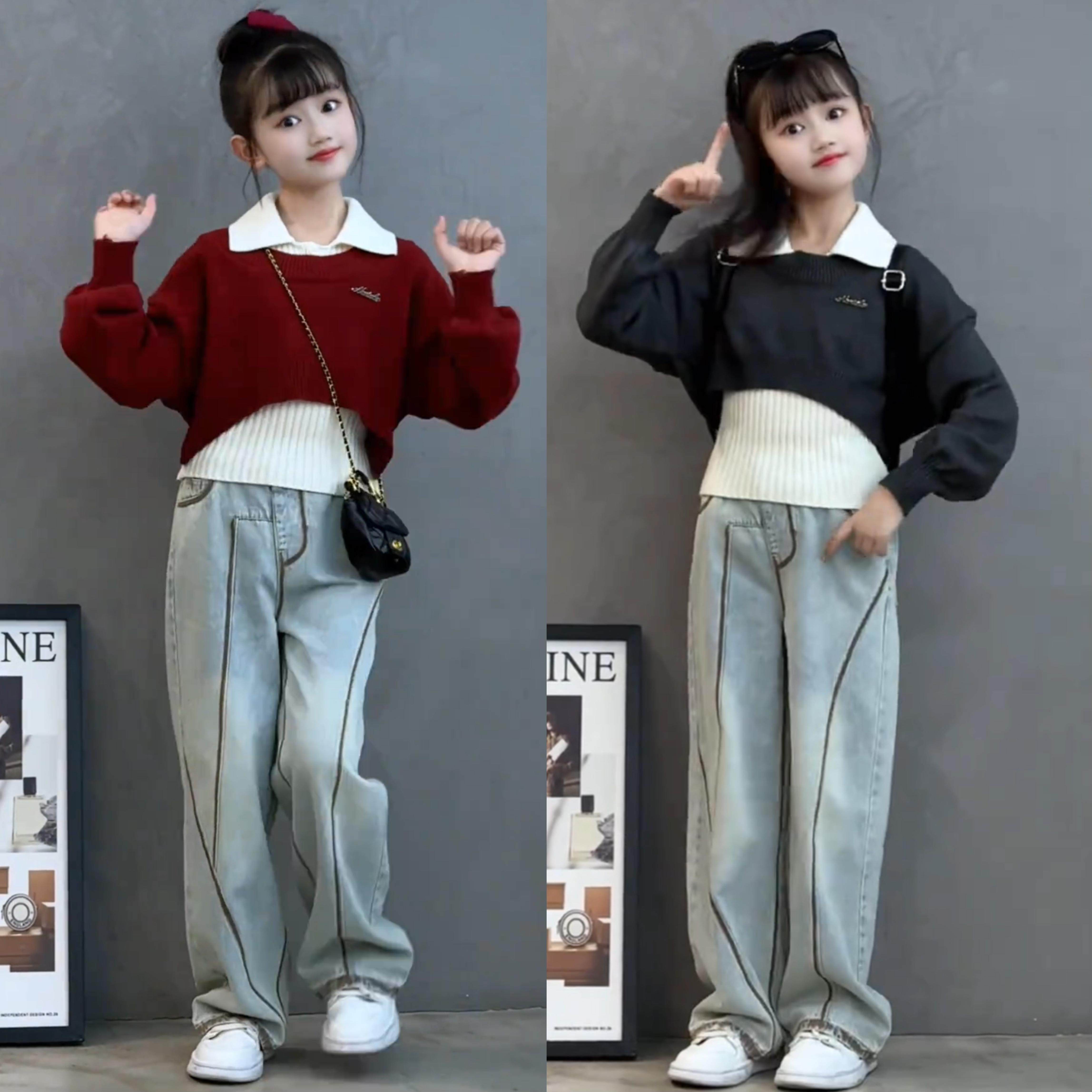 2025春季新款女童设计感POLO领毛衣个性时尚牛仔阔腿裤洋气套装韩