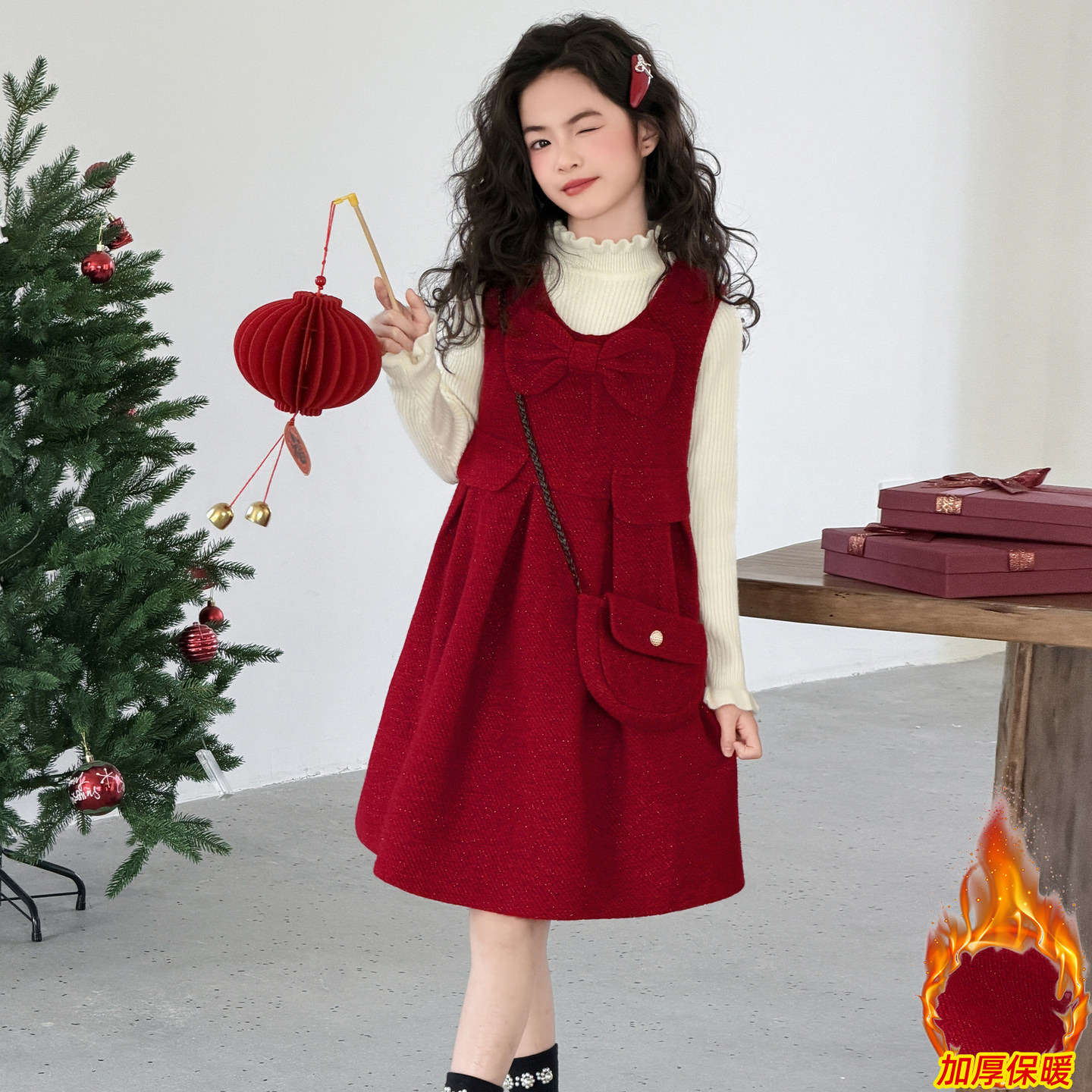 超好看女童拜年服小香风加厚蝴蝶结红色背心连衣裙毛衣打底衫套装