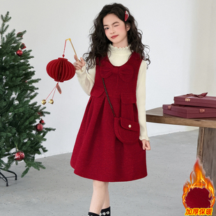 超好看女童拜年服小香风加厚蝴蝶结红色背心连衣裙毛衣打底衫套装