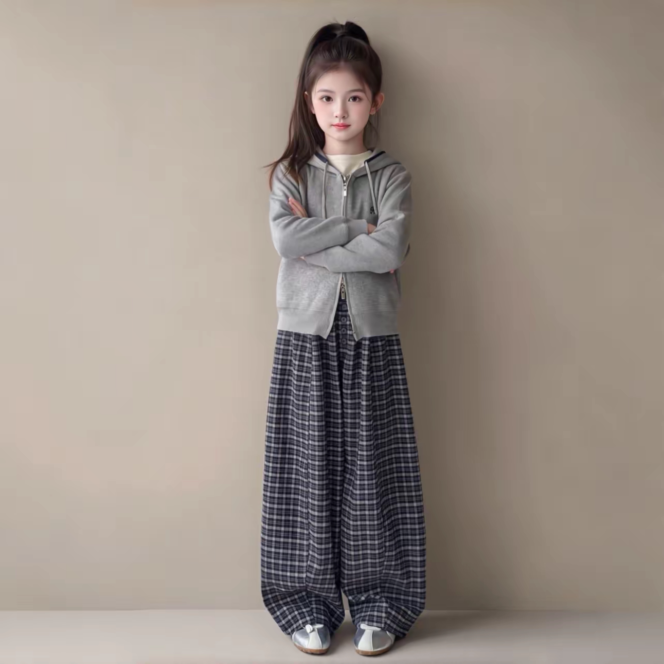 女童秋季针织连帽卫衣格子裤套装