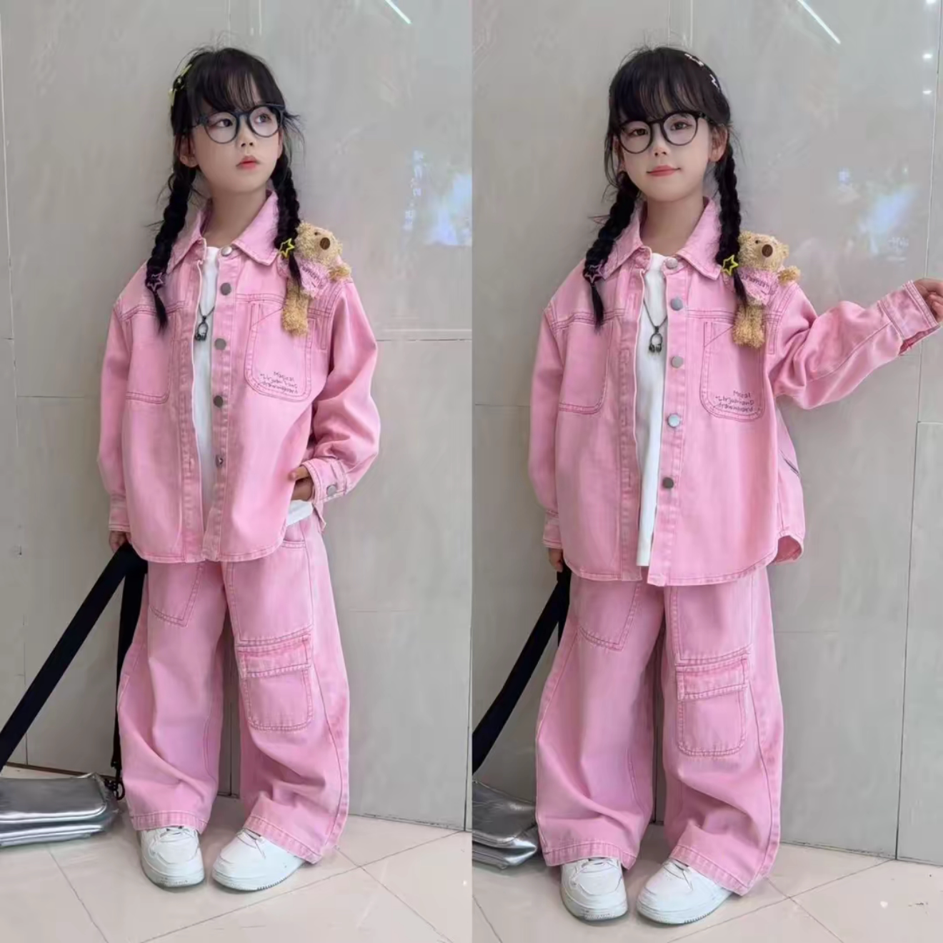 女童韩系粉色牛仔衬衫工装裤套装