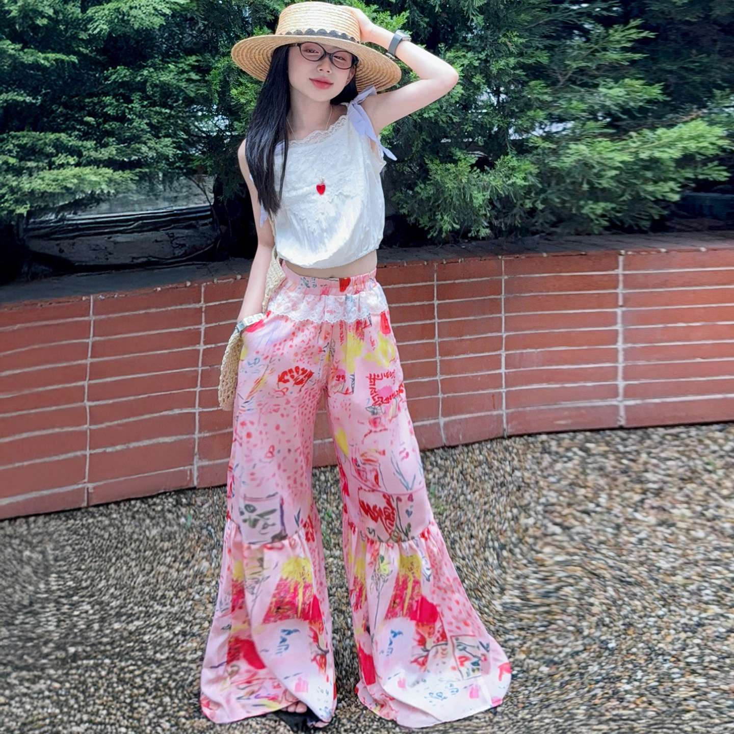 女童蕾丝吊带多巴胺阔腿裤套装