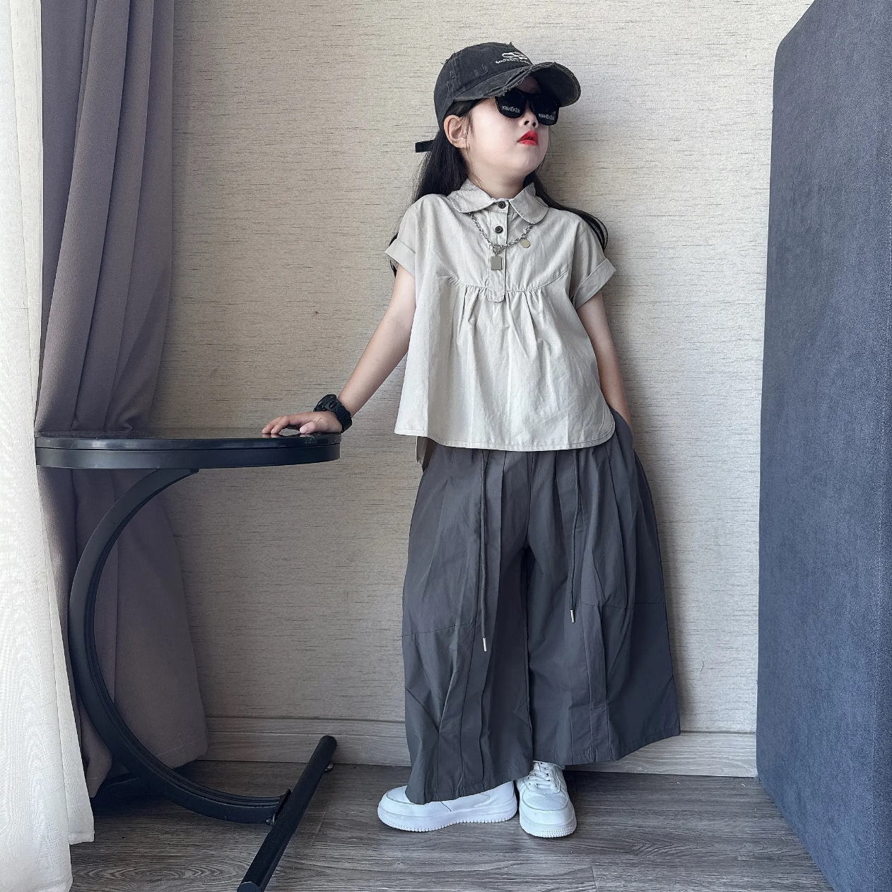 女童夏季新款森系复古POLO领短袖娃娃衫棉布阔腿裙裤洋气两件套韩