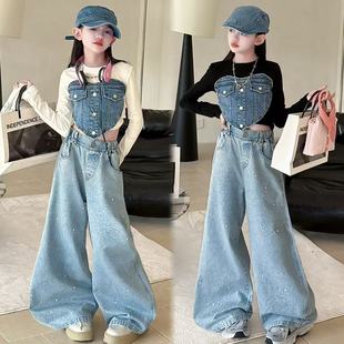 女童甜酷辣妹设计感爱心牛仔拼接假两件上衣烫钻牛仔阔腿裤套装潮