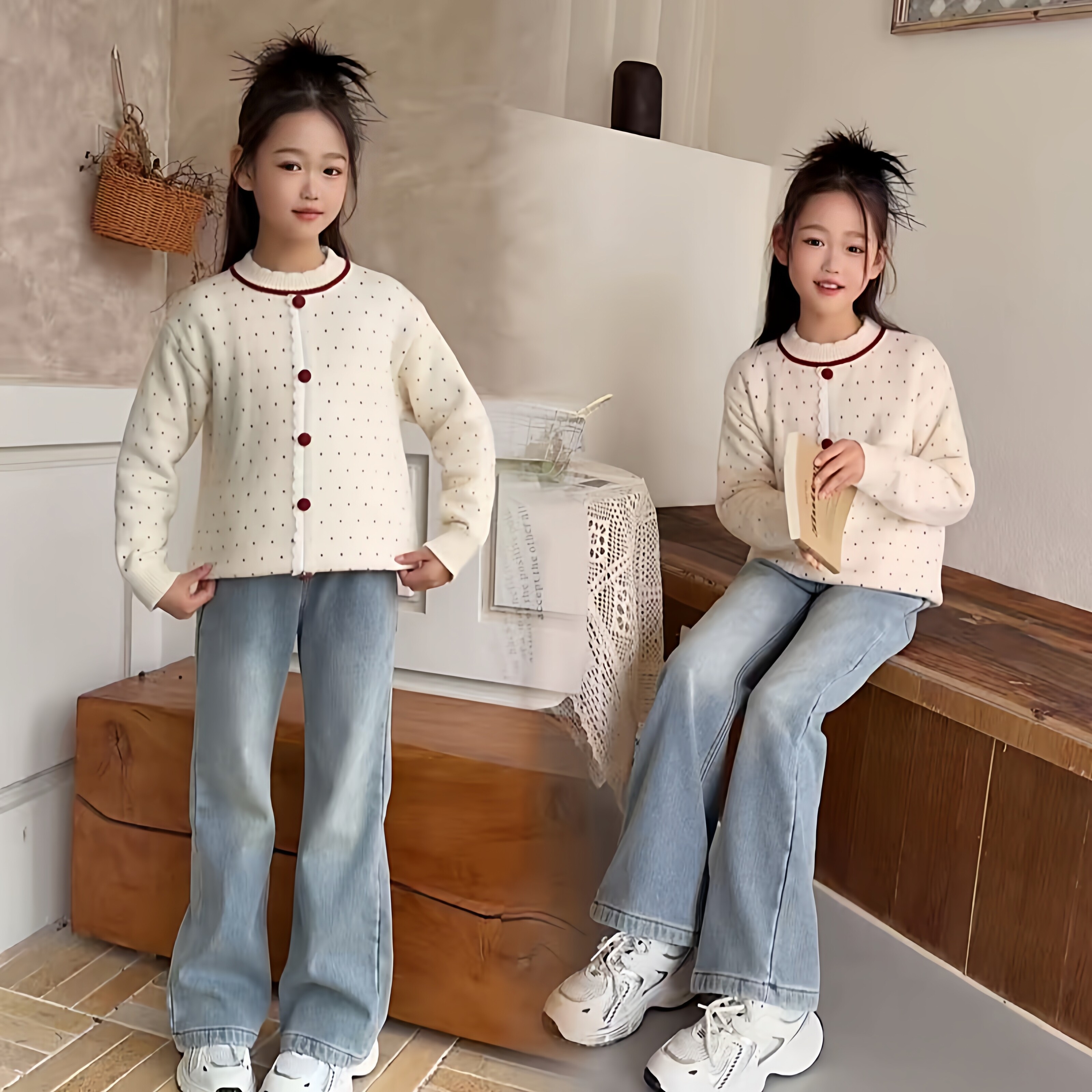 女童韩系甜美花边波点加绒保暖毛衣显瘦时尚牛仔喇叭裤洋气套装潮