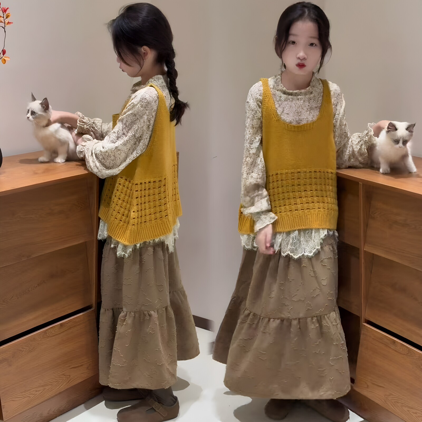女童秋冬氛围感穿搭韩版蕾丝打底衫针织背心半身裙森系复古三件套