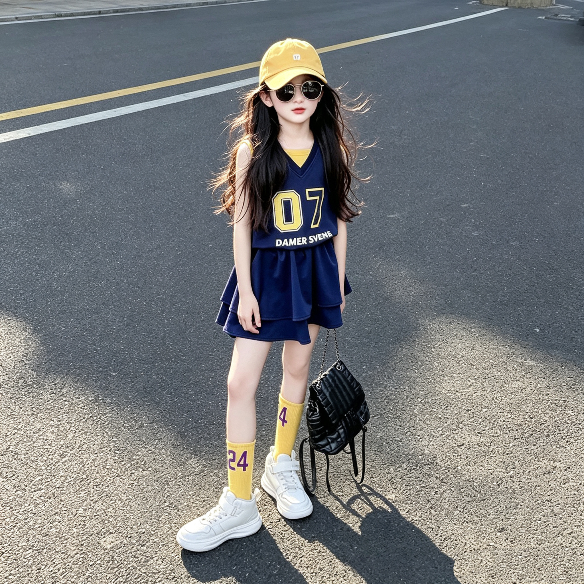 潮酷时尚女童美式学院风套装初中生连帽背心上衣半身裙运动两件套