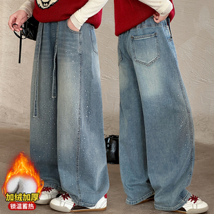 满天星重工烫钻女童一体绒牛仔阔腿裤冬季中大童超好看百搭裤子潮