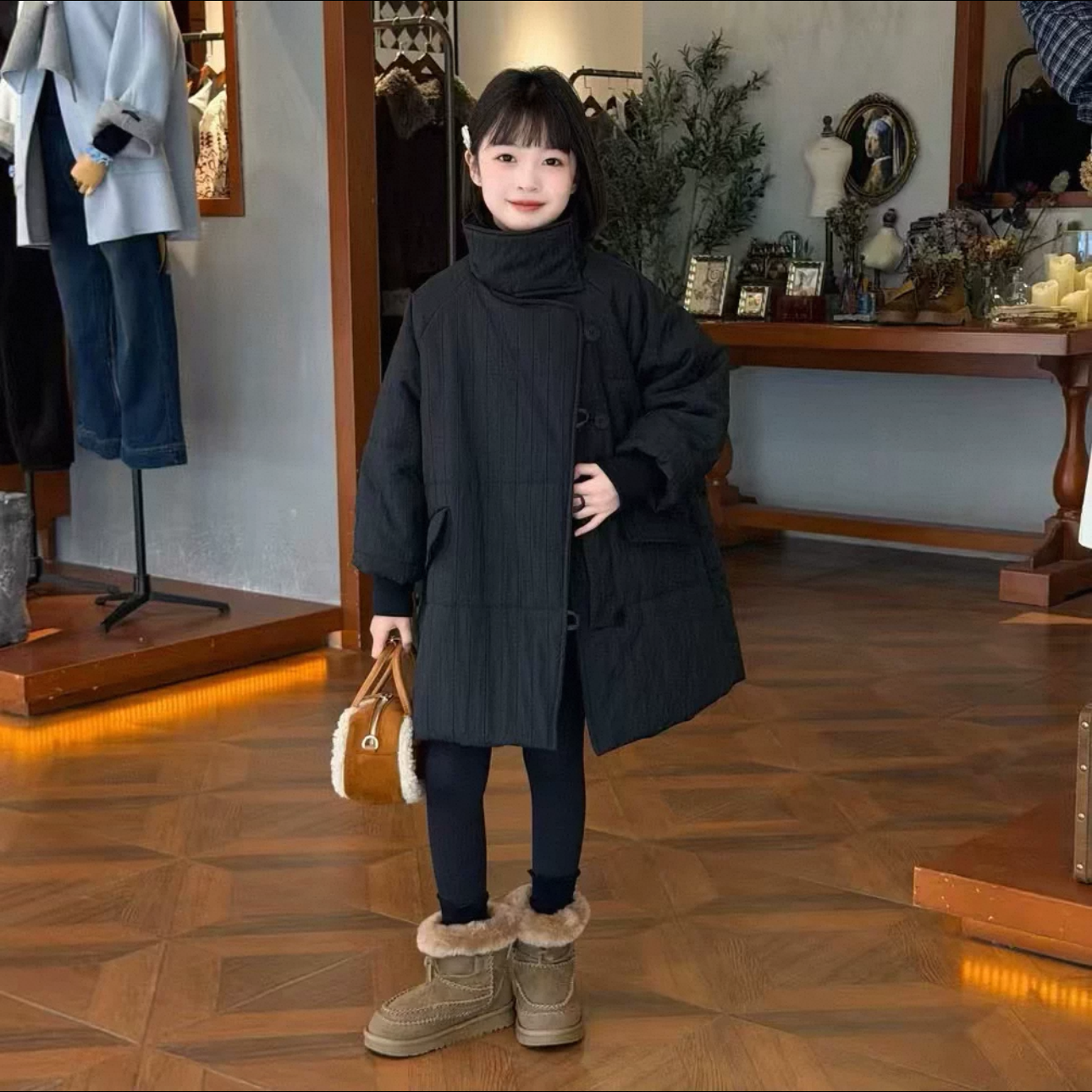 女童外套秋冬装2025新款初中生时尚中长款褶皱宽松遮肉显瘦棉衣韩