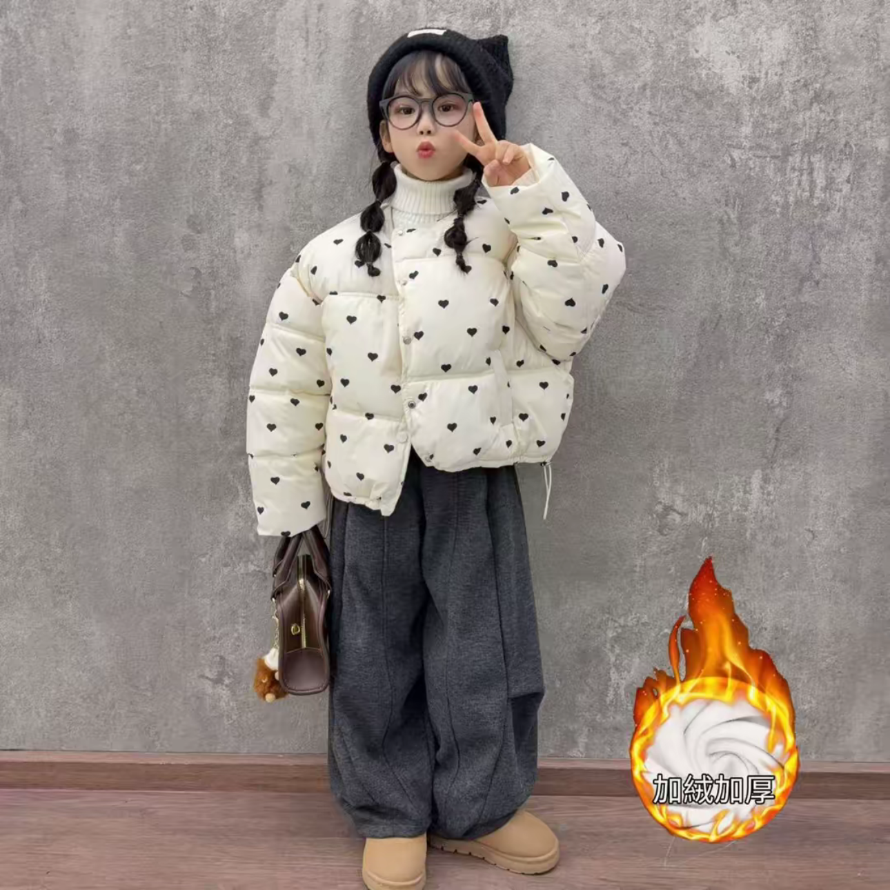 女童韩系巨好看爱心波点短款羽绒棉外套设计感显瘦弯刀裤洋气套装,童装/婴儿装/亲子装,套装,淘宝优惠券,粉丝福利购,淘宝优惠卷