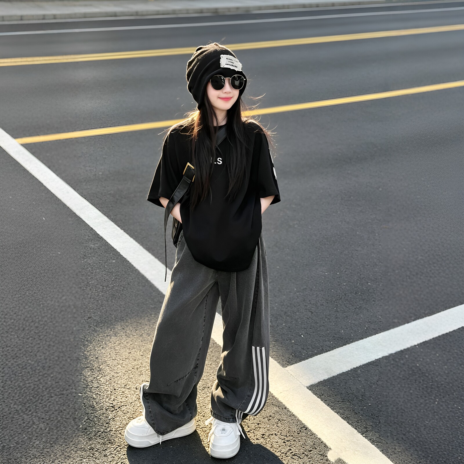 女童字母短袖薄款牛仔弯刀裤套装