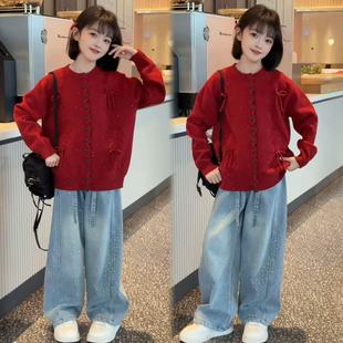 女童洋气过年穿搭红色本命年亮片蝴蝶结毛衣爆闪烫钻牛仔裤套装潮