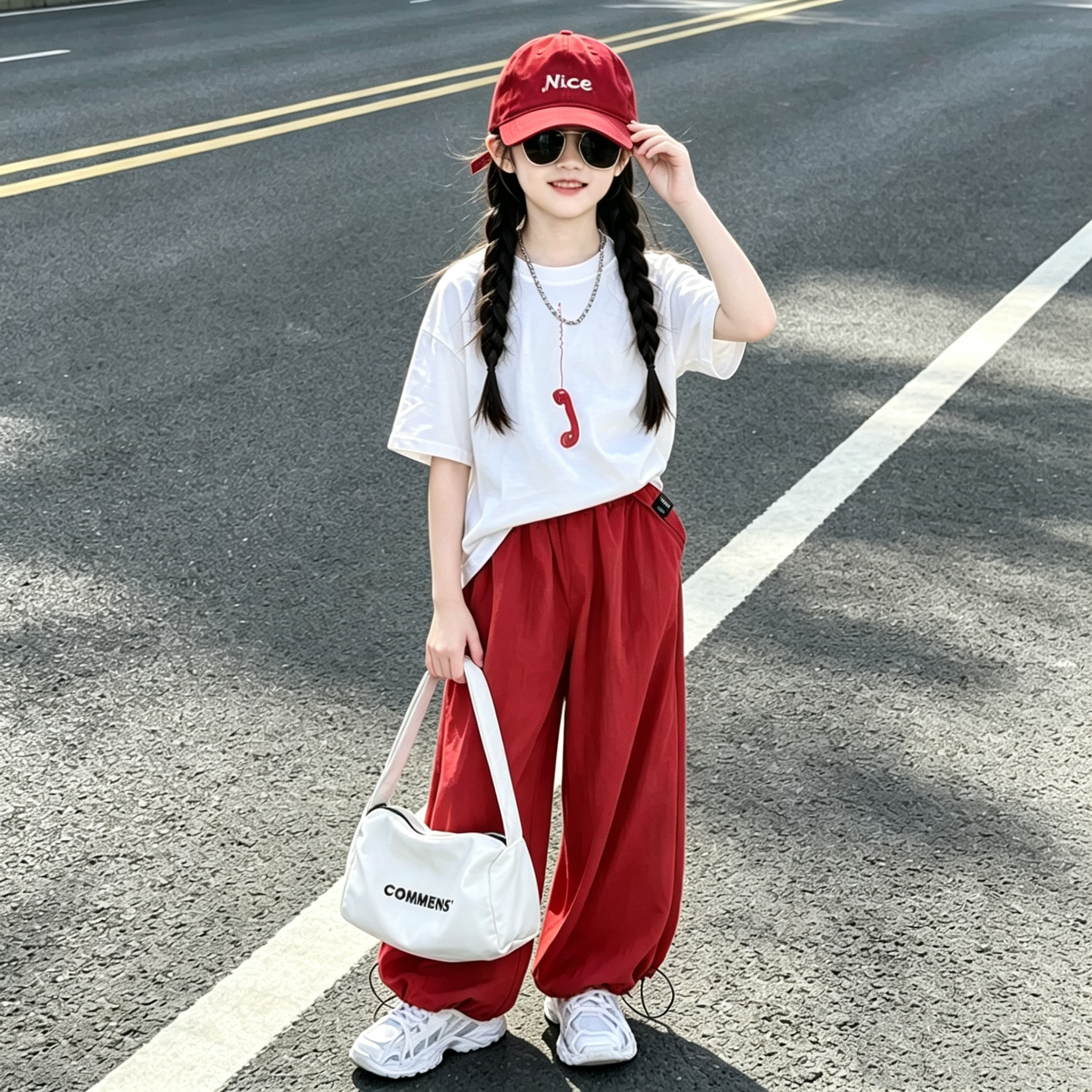 女童红色电话图案短袖休闲裤套装