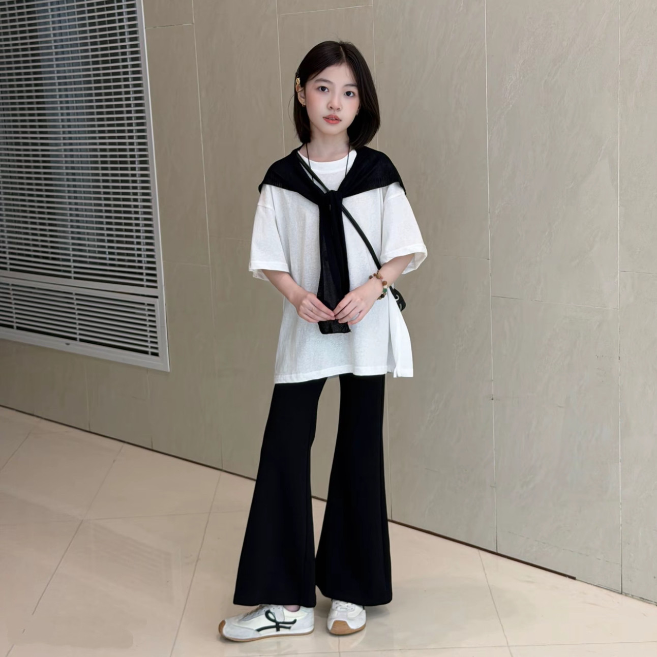 女童披肩宽松T恤喇叭裤两件套