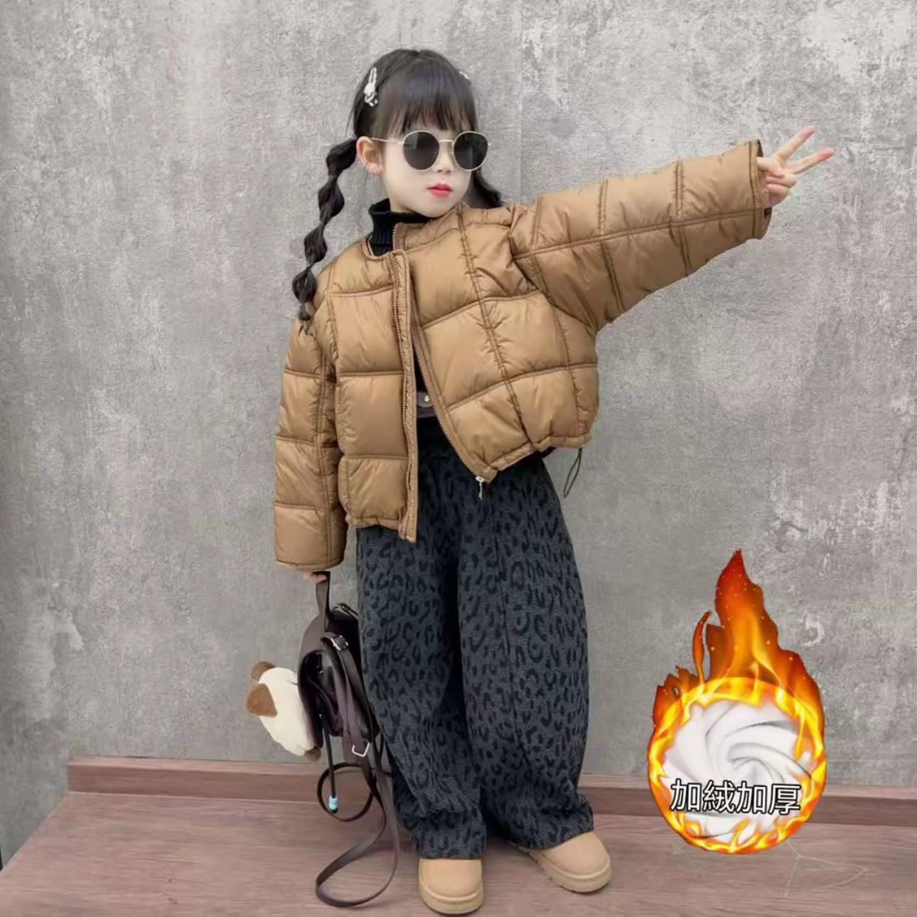 女童韩系泡芙格圆领短款棉服外套美式加绒豹纹弯刀裤潮酷炸街套装,童装/婴儿装/亲子装,棉袄/棉服,淘宝优惠券,粉丝福利购,淘宝优惠卷