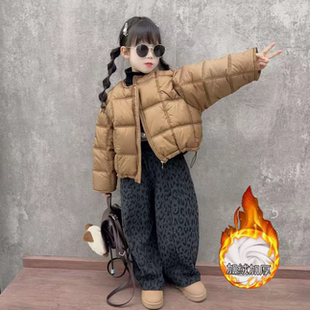 潮酷炸街套装 加绒豹纹弯刀裤 棉服外套美式 女童韩系泡芙格圆领短款