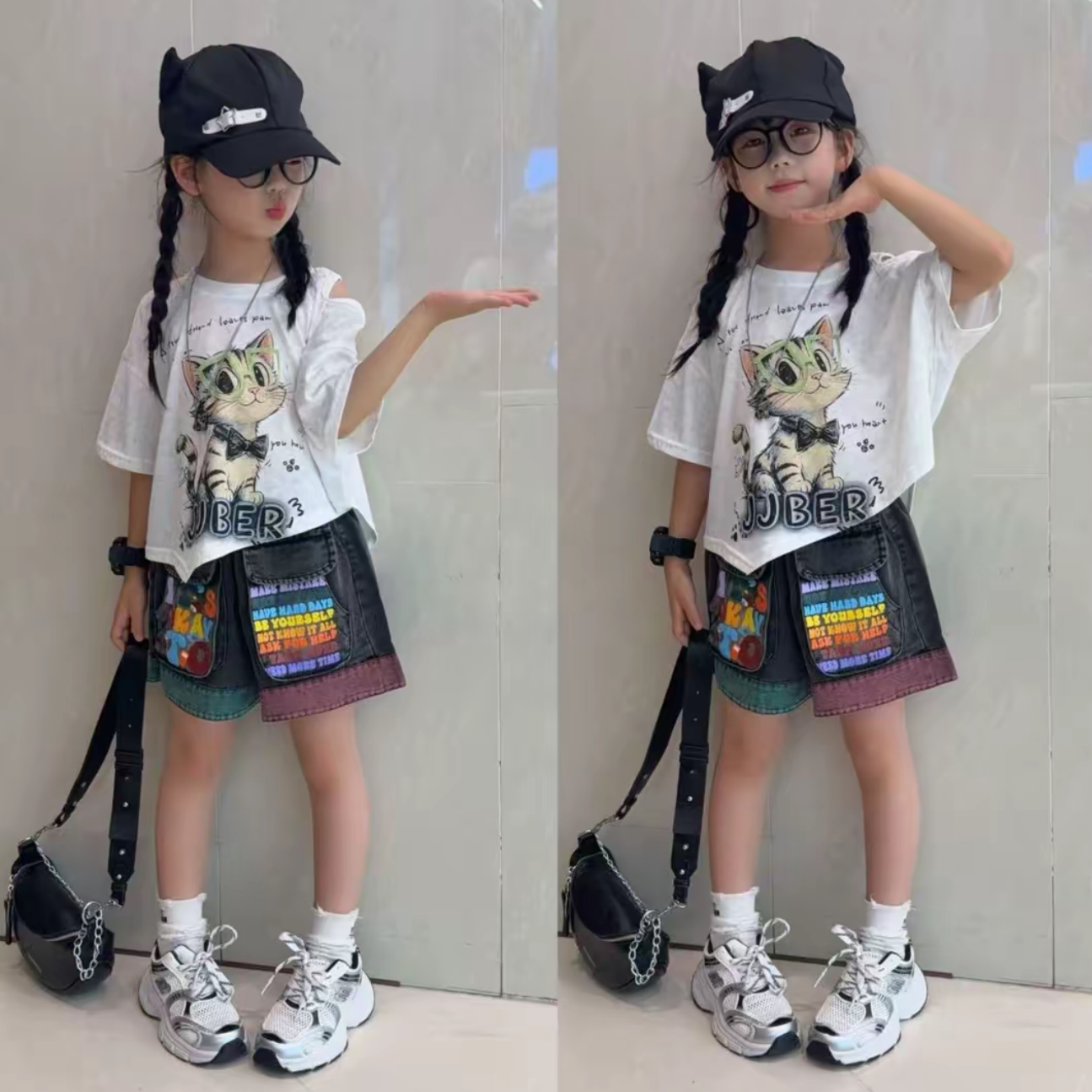 女童牛仔短裤猫咪短袖套装潮