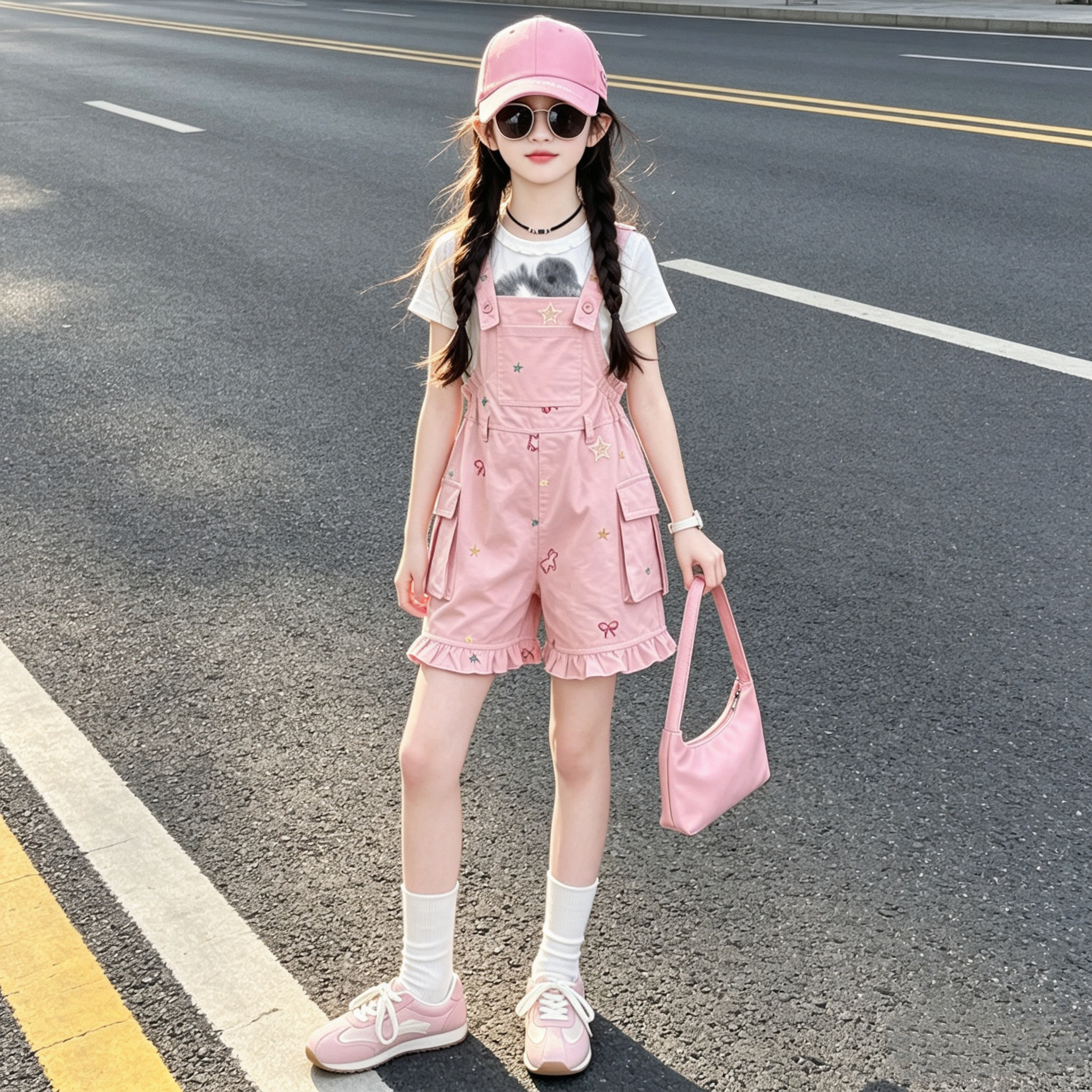 女童夏甜美短袖背带裤套装