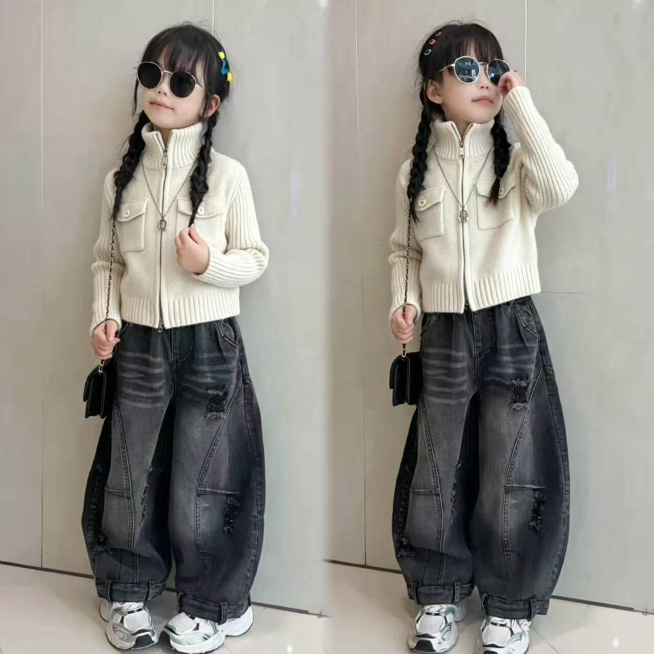女童韩系高领开衫毛衣弯刀裤套装