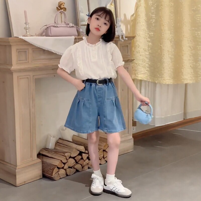 女童木耳边娃娃衫牛仔短裤套装