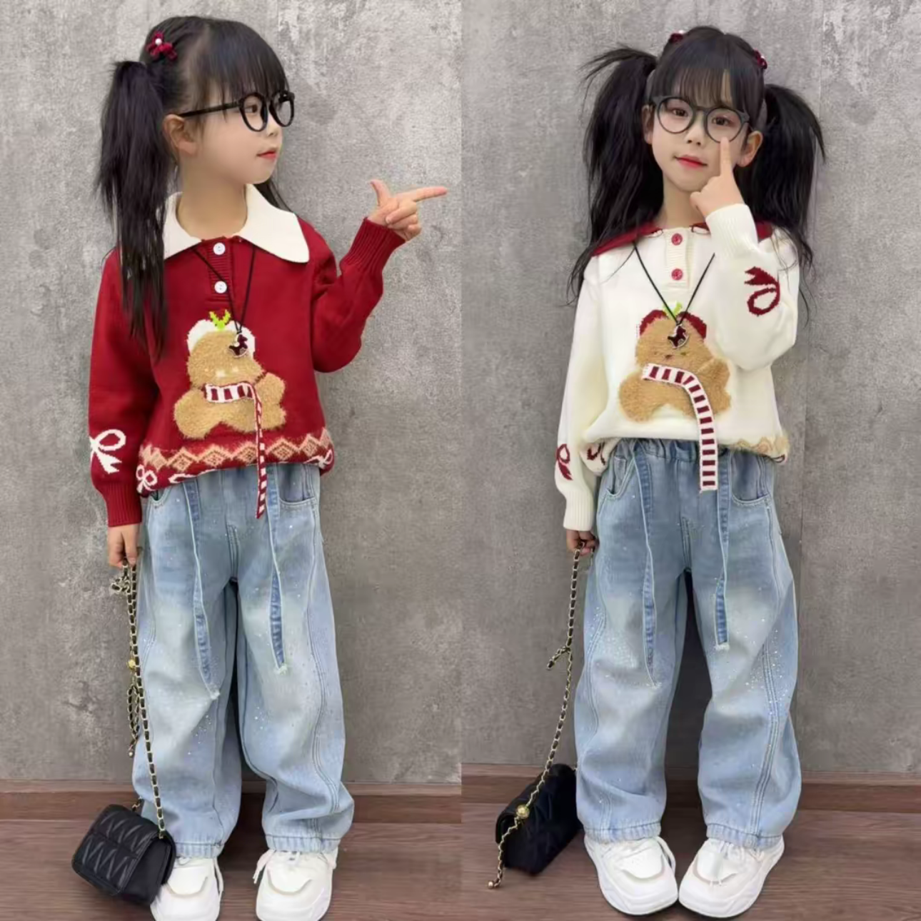 女童超好看卡通翻领红色毛衣设计感满天星牛仔阔腿裤洋气套装潮酷