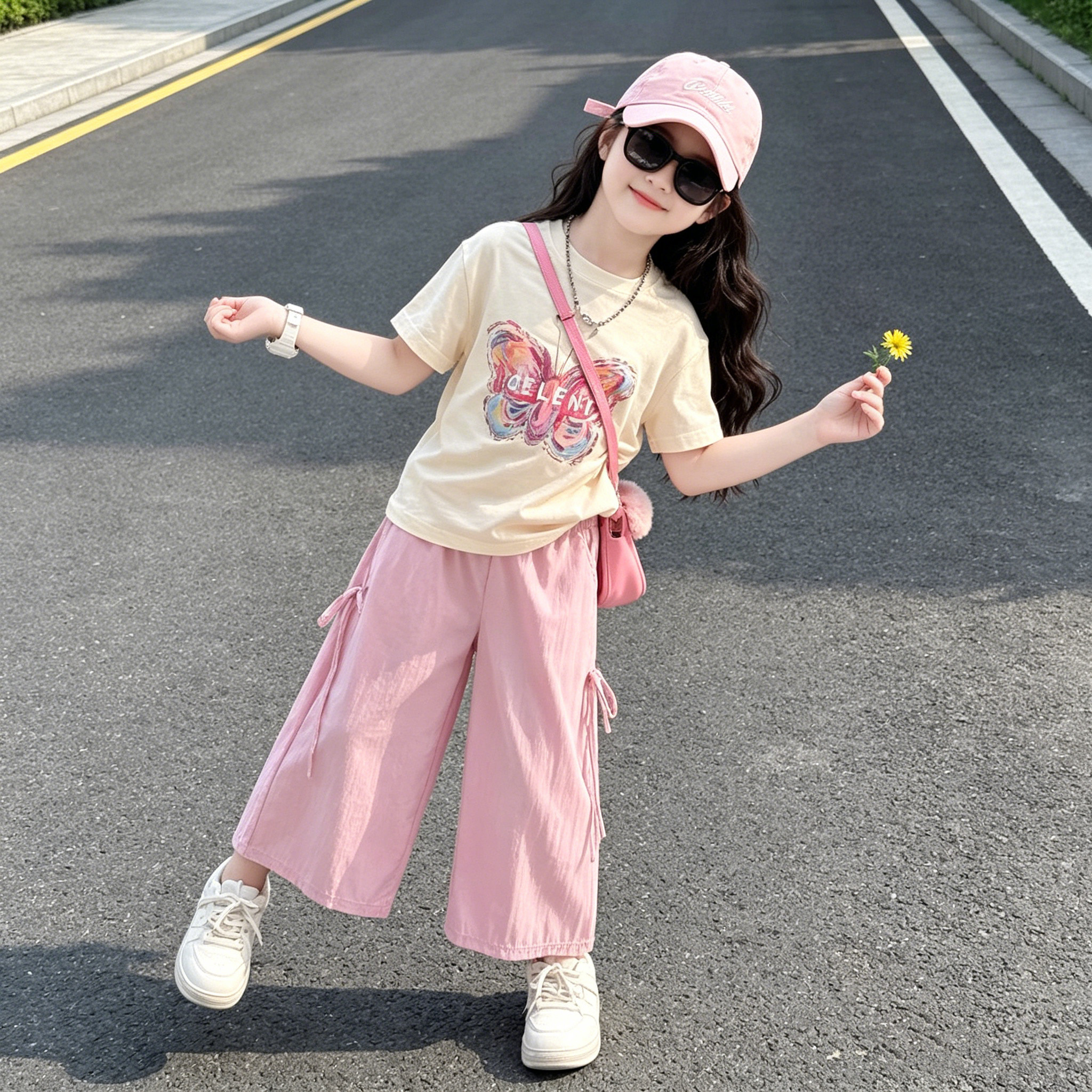 女童蝴蝶印花短袖七分阔腿裤套装