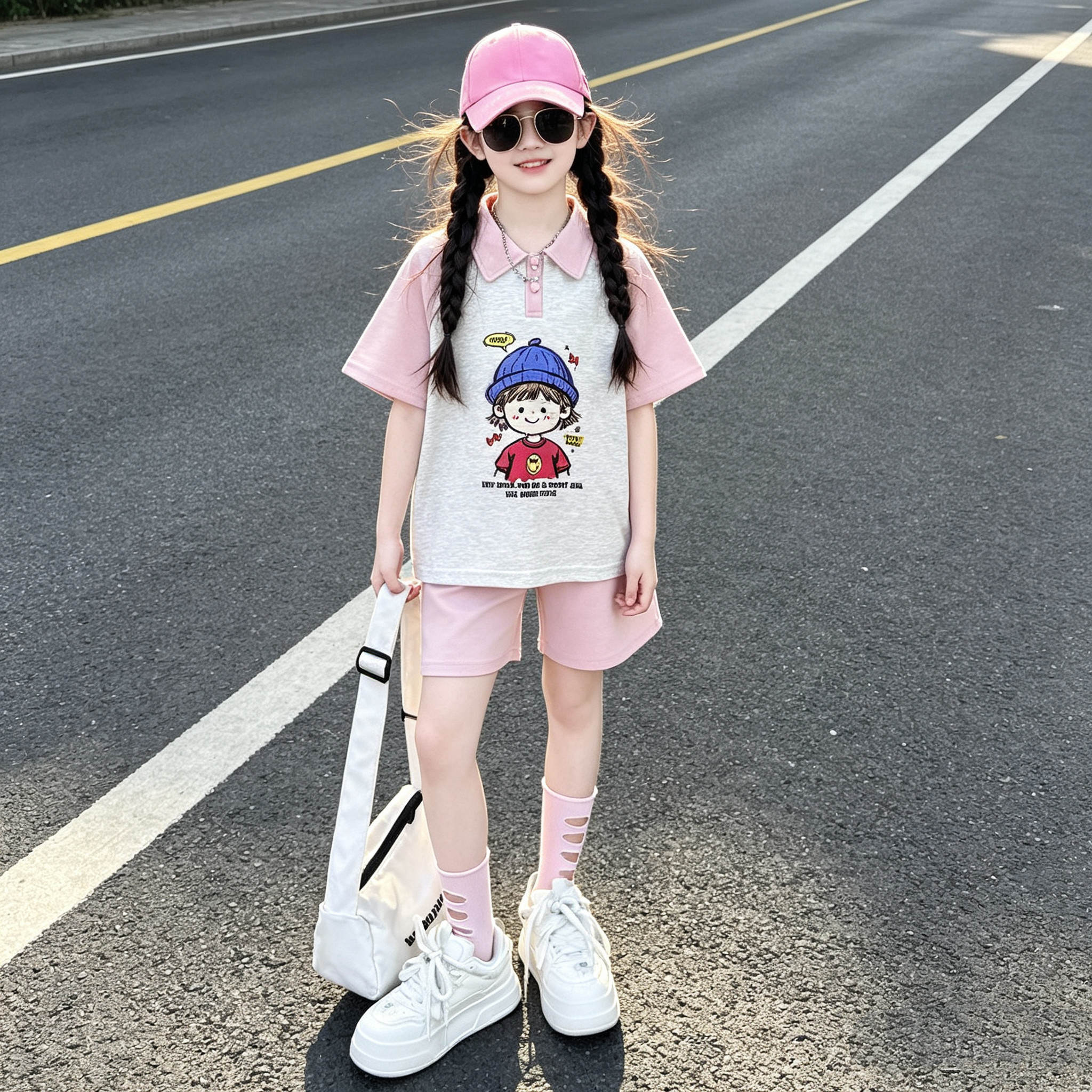 女童POLO领卡通短袖短裤套装