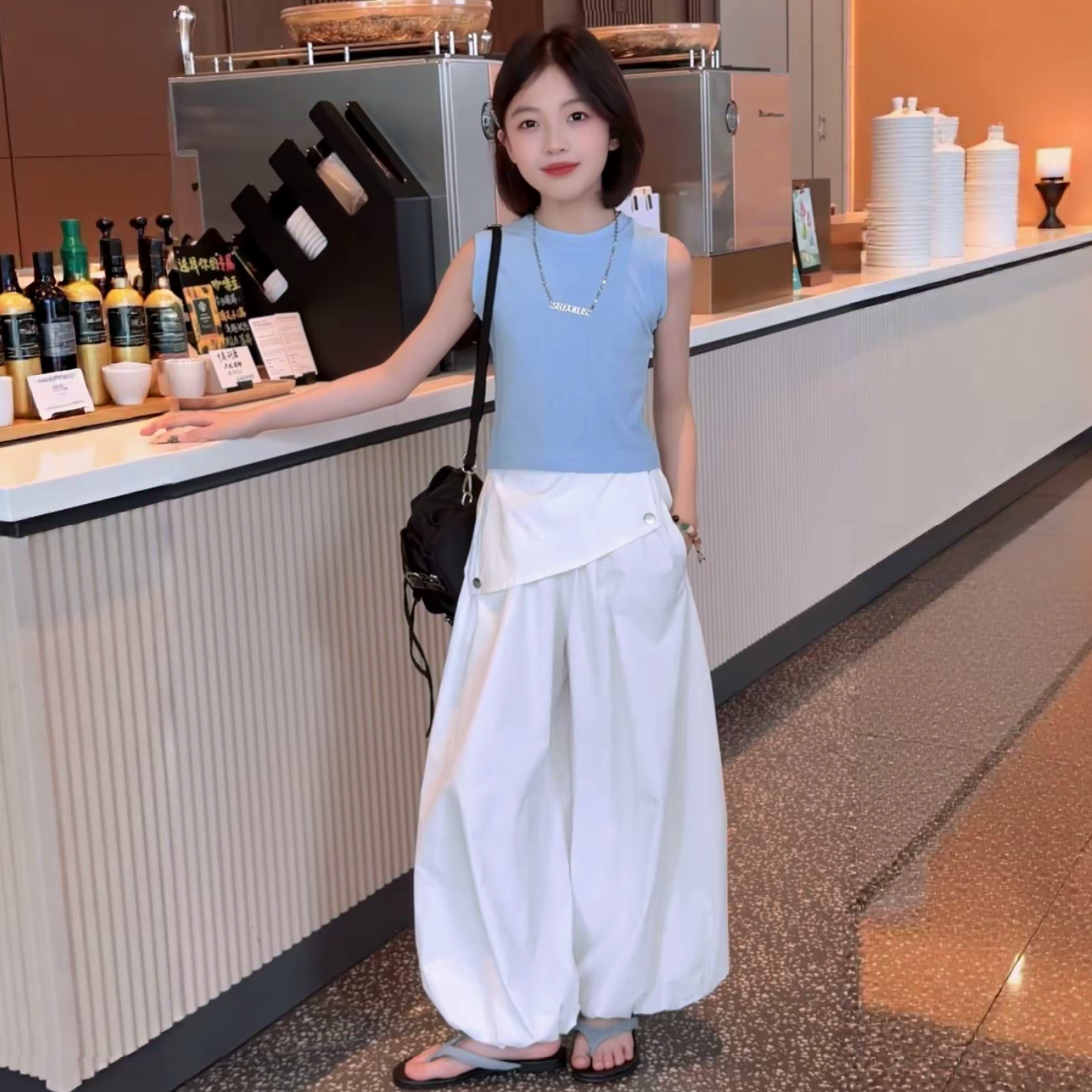 女童花苞喇叭裤针织背心套装