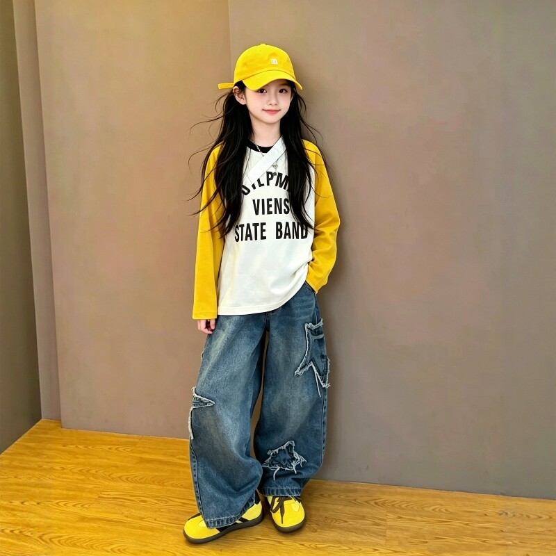 女童五角星弯刀裤拼色长袖套装