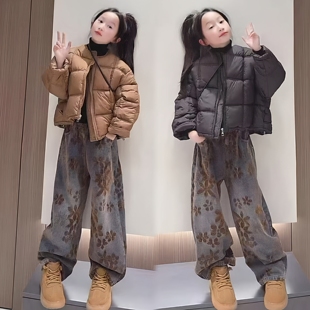 女童美拉德复古穿搭设计感龟背泡芙羽绒棉外套个性潮酷牛仔裤套装