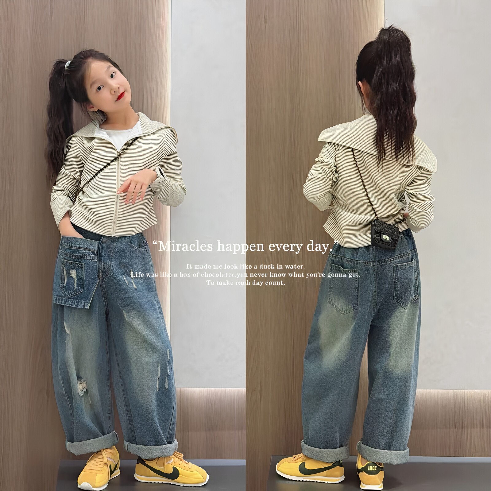 女童海军领拉链外套牛仔裤套装