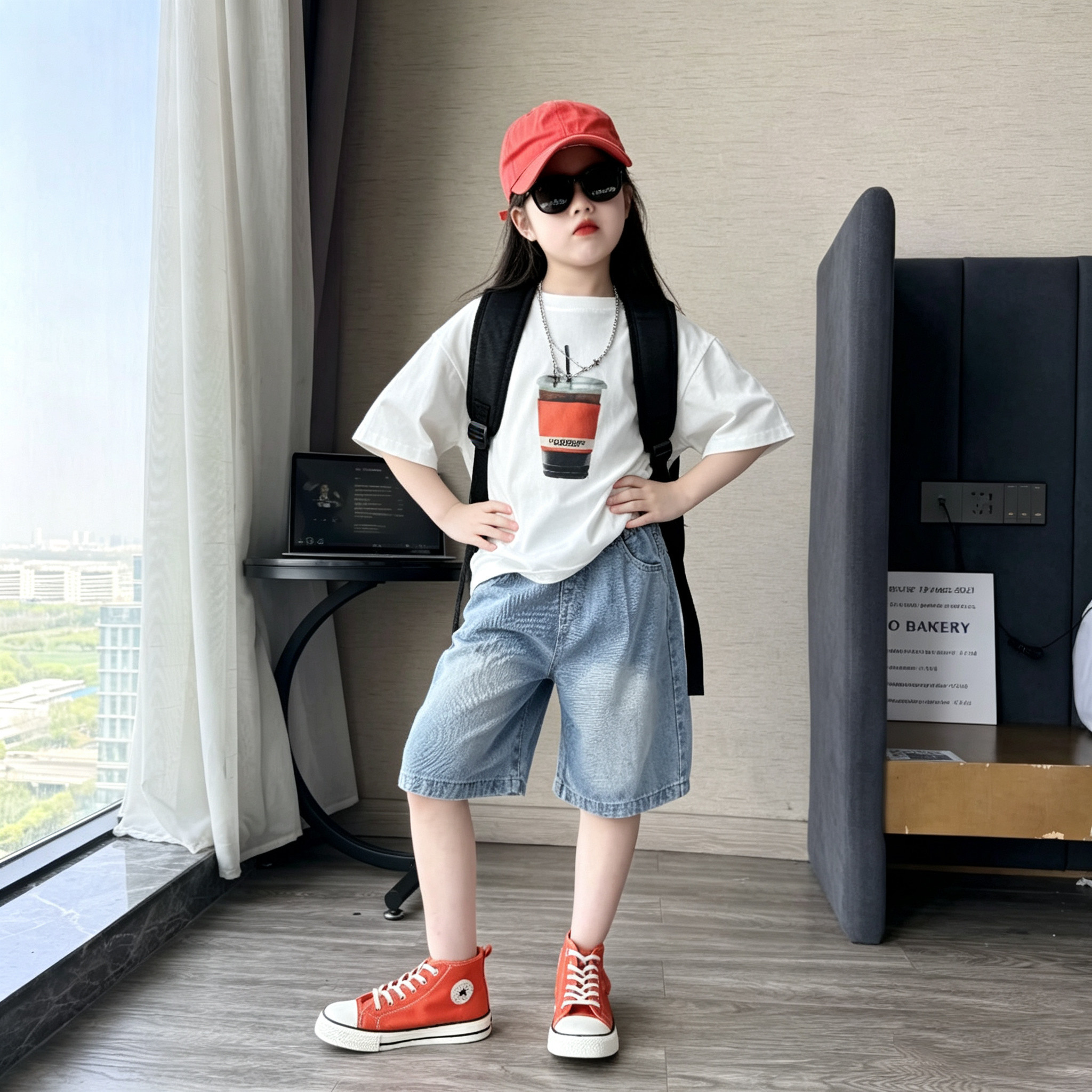 女童印花宽松半袖牛仔五分裤套装