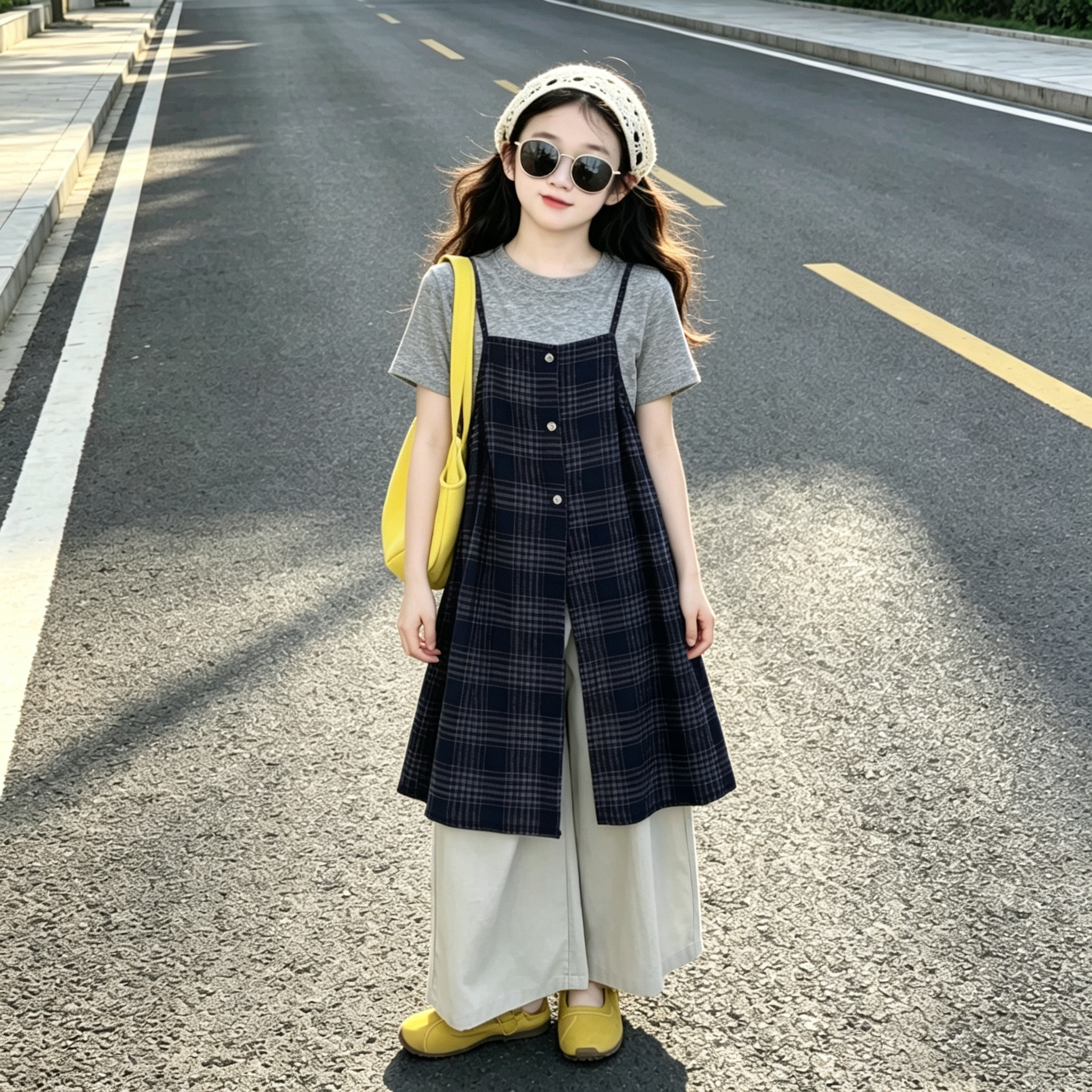 女童超好看夏季新款套装韩系灰色短袖格子吊带叠穿阔腿裙裤三件套