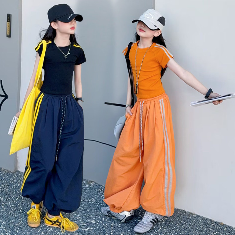 女童休闲短袖拉条速干束脚裤套装