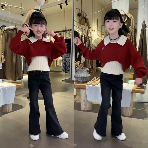 女童翻领毛衣牛仔喇叭裤套装