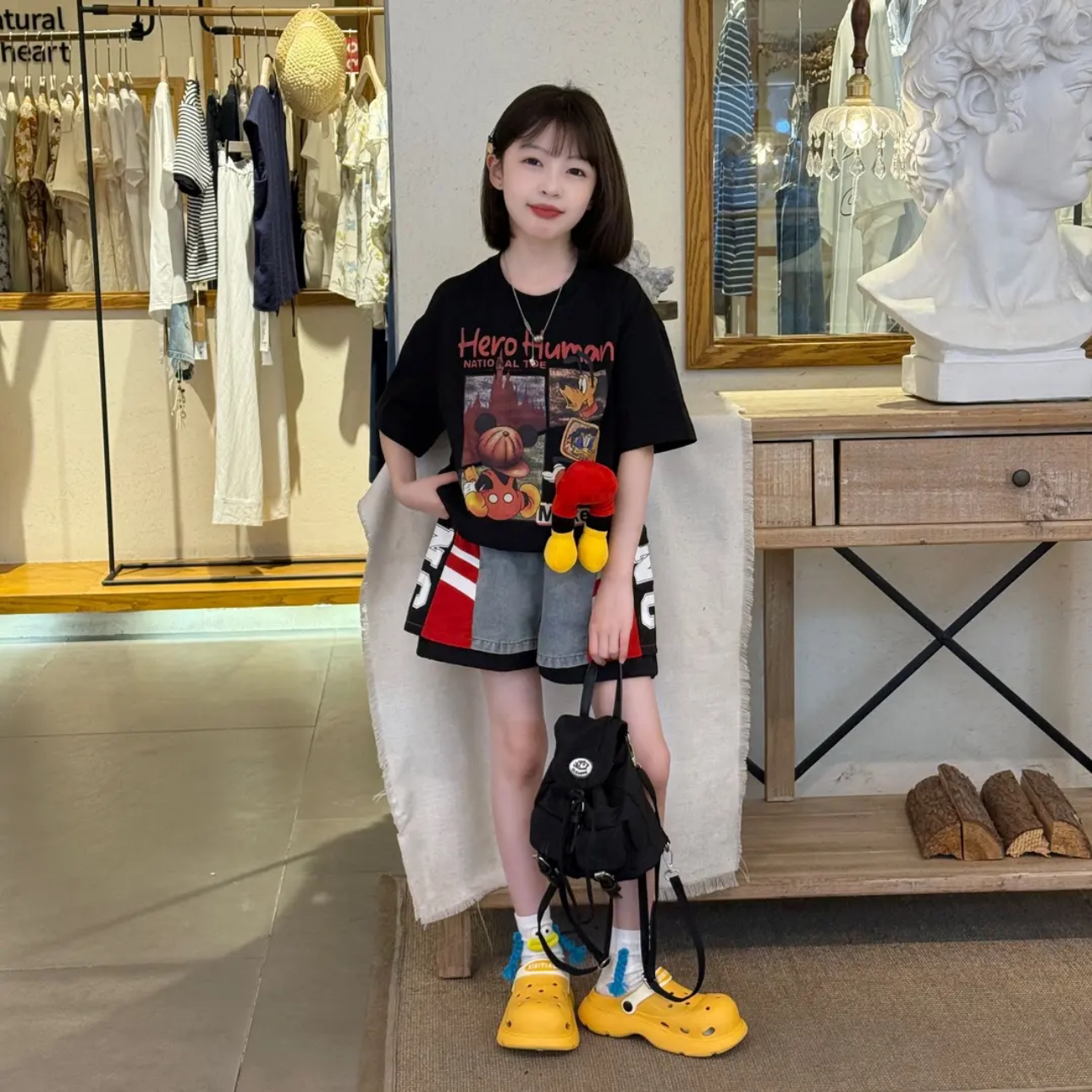 女童米奇印花短袖牛仔短裤套装