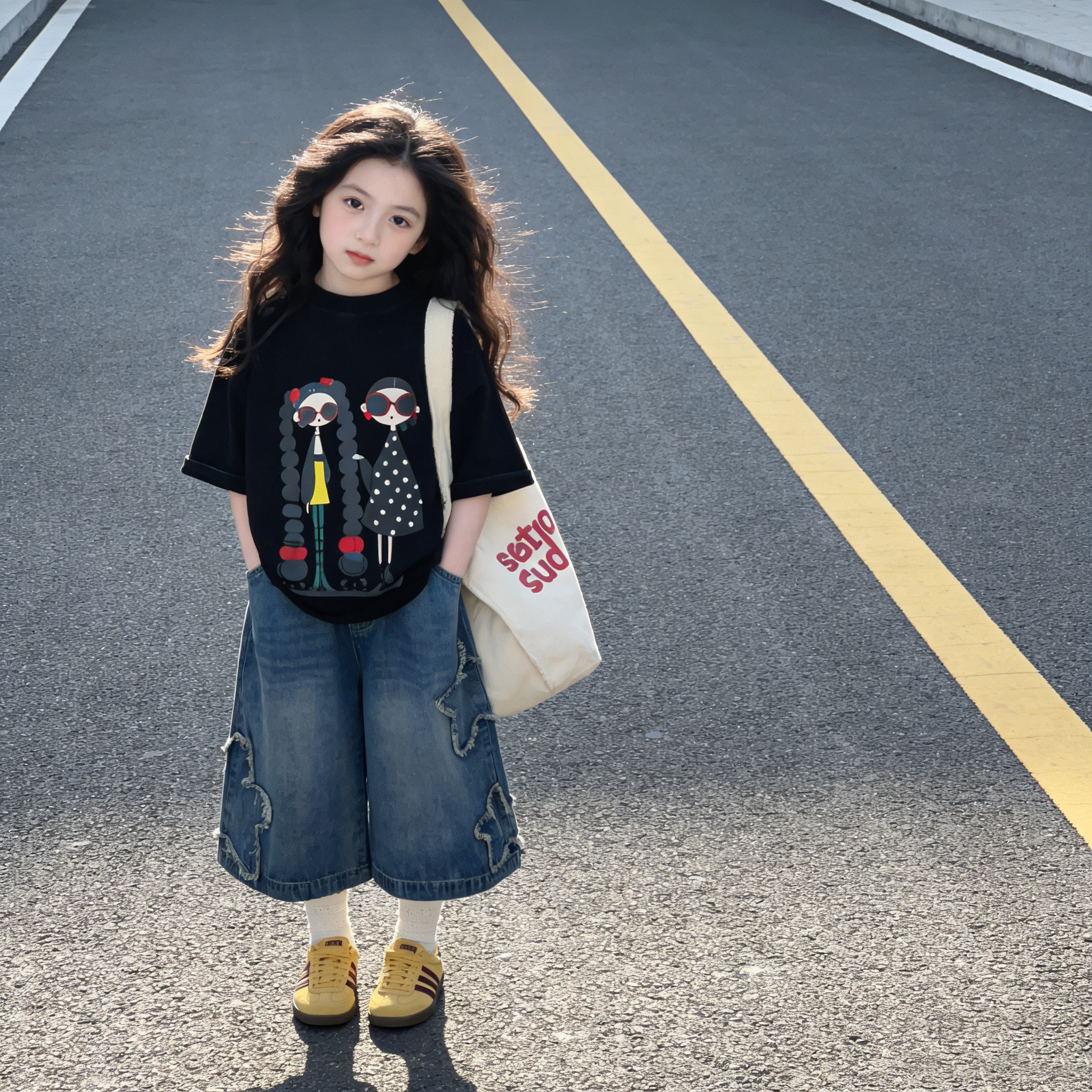 女童夏韩版潮牌卡通印花宽松短袖个性五角星牛仔中裤洋气酷飒套装