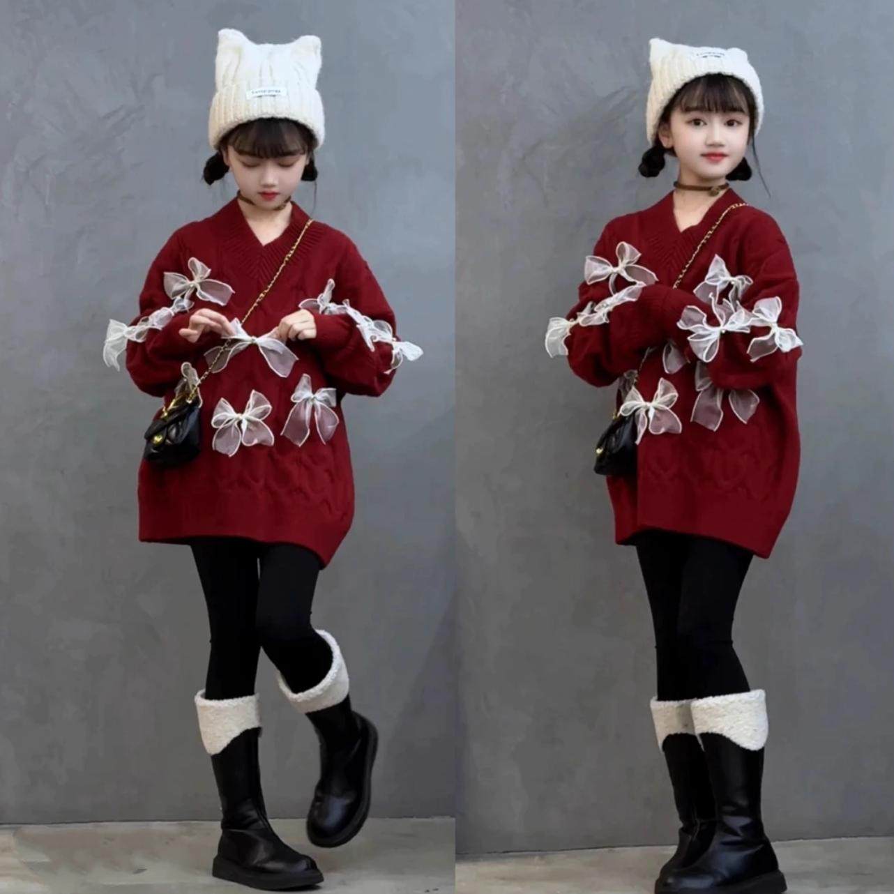 冬季新款女童V领红色慵懒风毛衣中长款时尚立体蝴蝶结洋气针织衫8