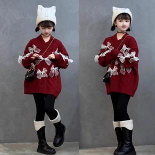 冬季新款女童V领红色慵懒风毛衣中长款时尚立体蝴蝶结洋气针织衫8