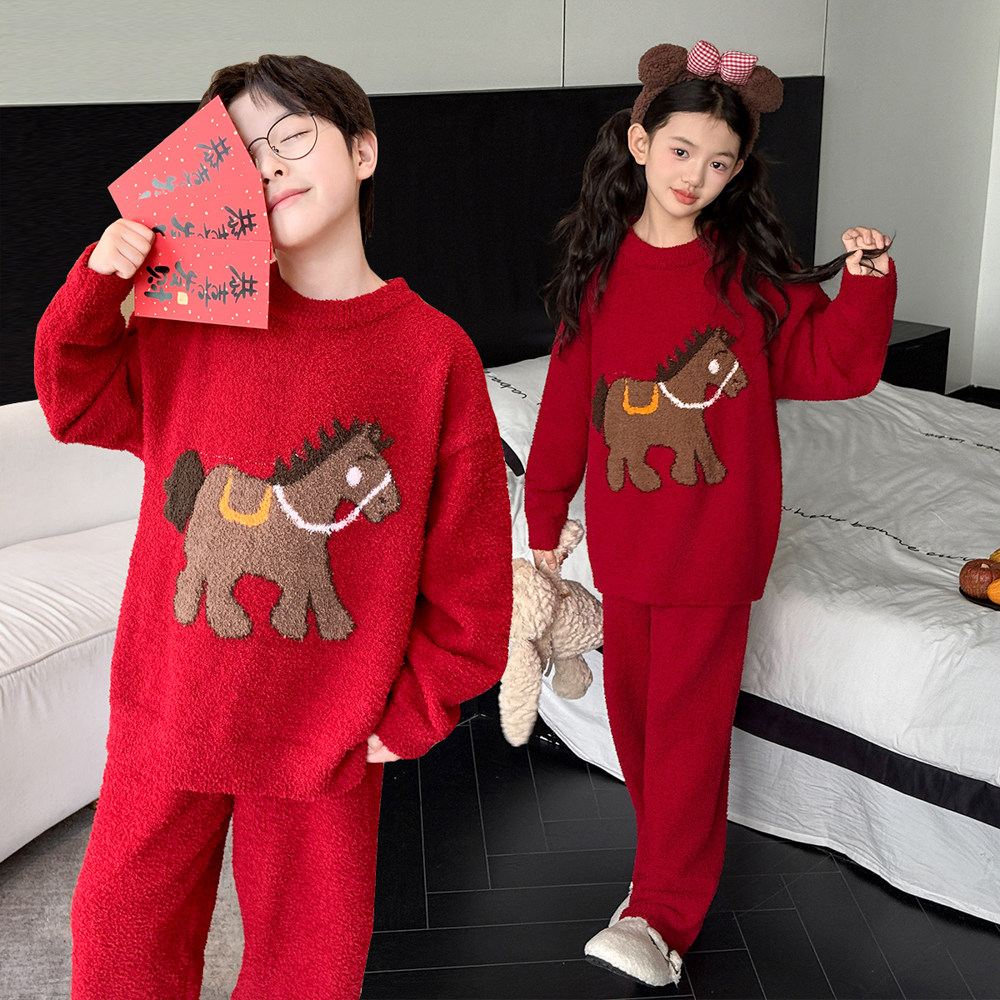 男女童红色卡通小马家居服套装